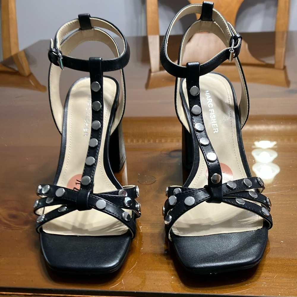 Marc Fisher Black High Heel T-Strap Sandals